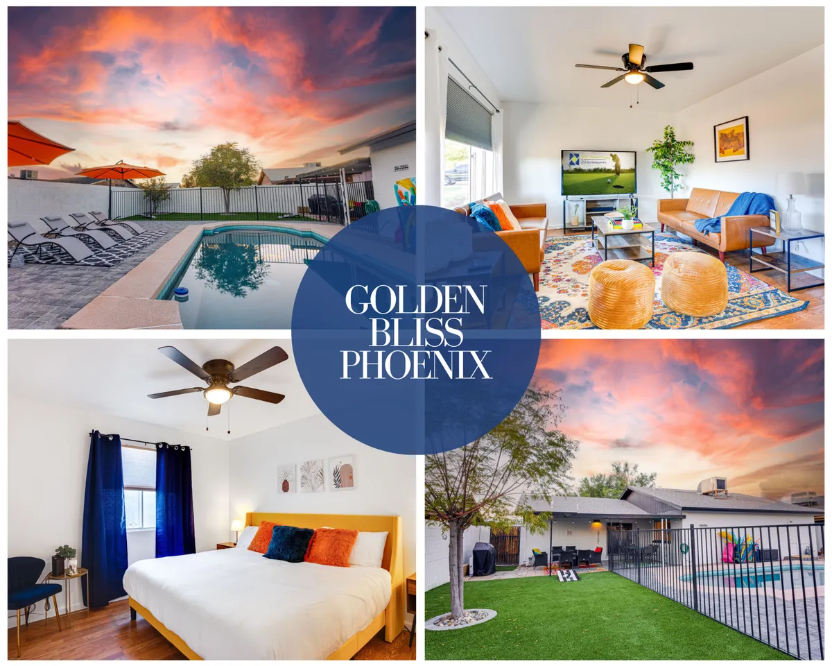 The image showcases a sun-drenched backyard in Phoenix, featuring a sparkling fenced swimming pool surrounded by comfortable lounge seating. A vibrant sunset sky sets a cheerful and tranquil mood, with decorative wall art enhancing the stylish outdoor living space. The scene invites thoughts of swimming, sunbathing, and relaxing evenings by the pool.